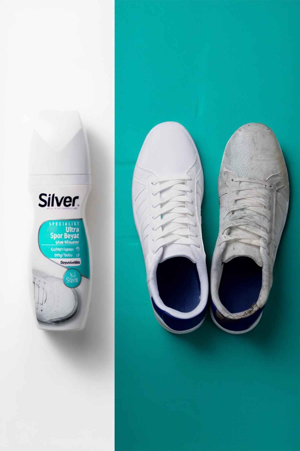White shoe whitener bottle and two lace-up sneakers, one white one gray