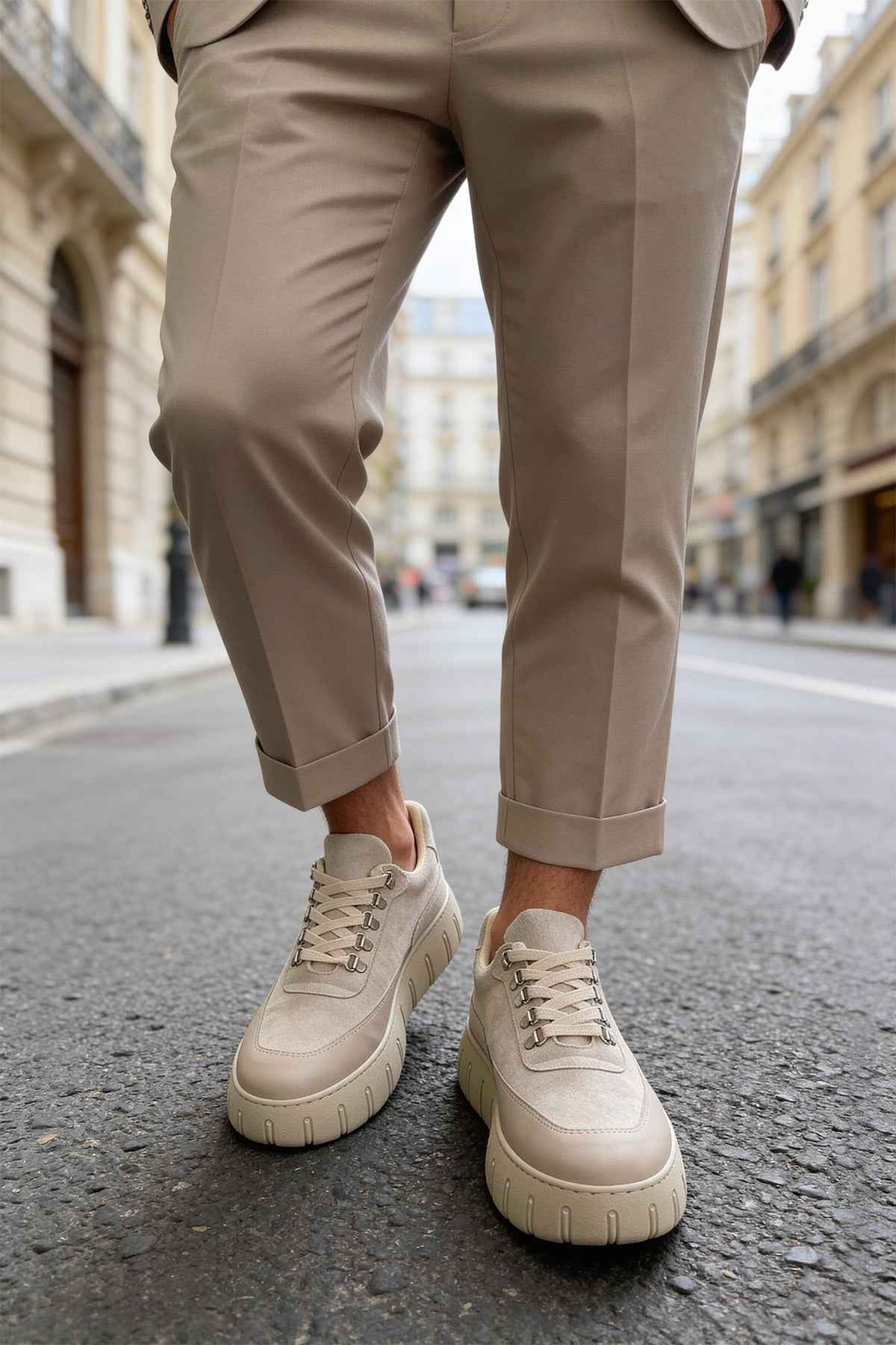 Beige suede men's sneakers with lace-up front and low rubber sole