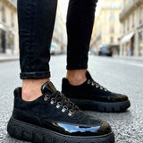 Men's black lace-up sneakers with chunky sole and metal eyelets, side view